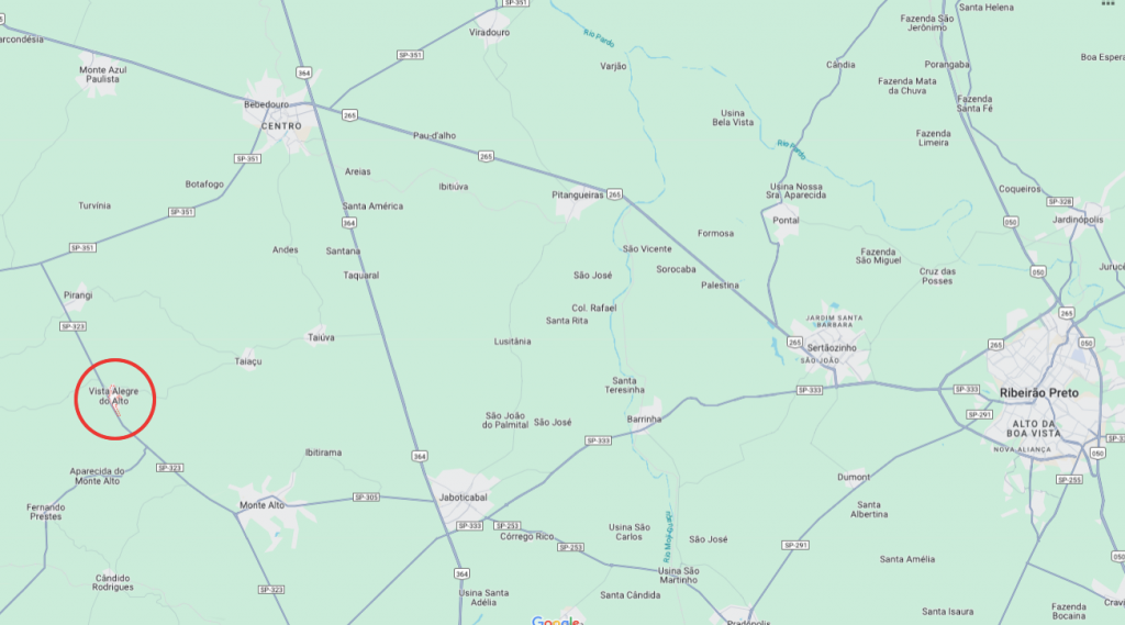 Mapa da localização de Vista Alegre do Alto em relação a Bebedouro, Monte Alto e Ribeirão Preto.